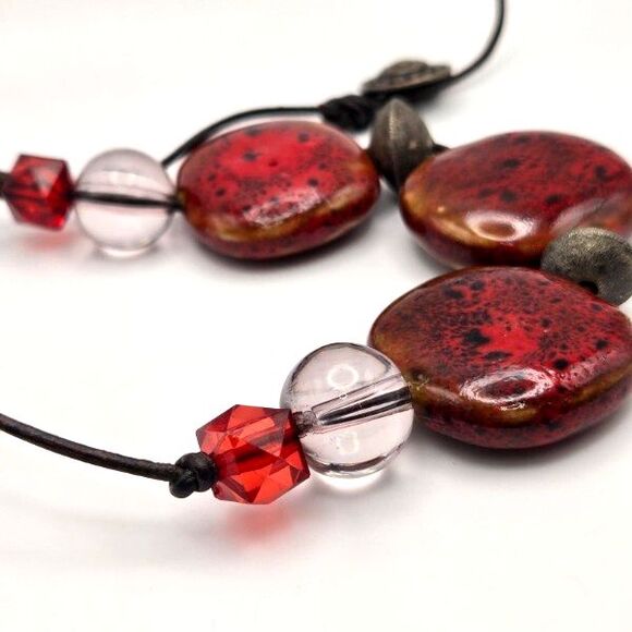 Handmade Red Ceramic Beads and Gunmetal Gray Accents on Leather Cord Necklace - Picture 2 of 4